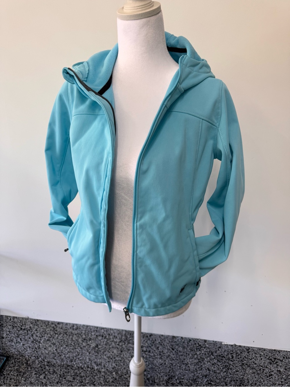 Spyder Womens Small Aqua Blue Hooded Softshell Fleece Jacket Full Zip Ski Small